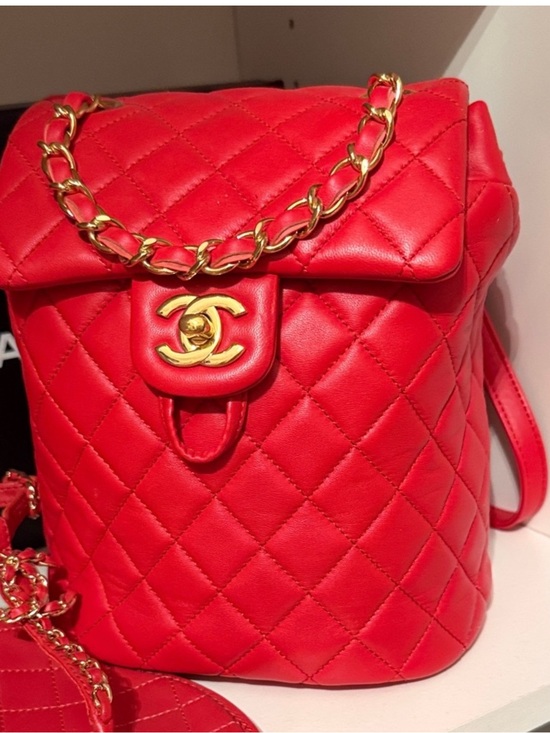 CHANEL Handbags - CHANEL Red Quilted Lambskin Backpack with Gold Chain